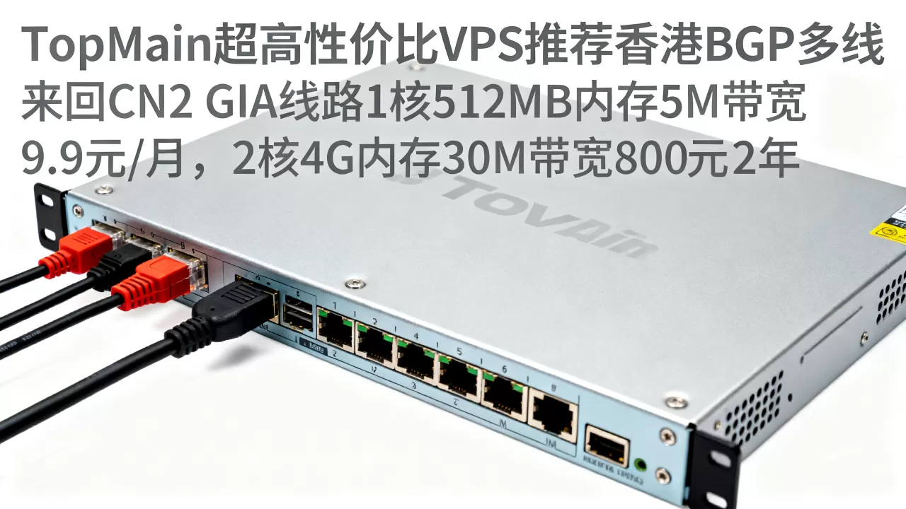 TopMain超高性价比VPS推荐香港BGP多线 来回CN2 GIA线路1核512MB内存5M带宽9.9元/月，2核4G内存30M带宽800元/2年