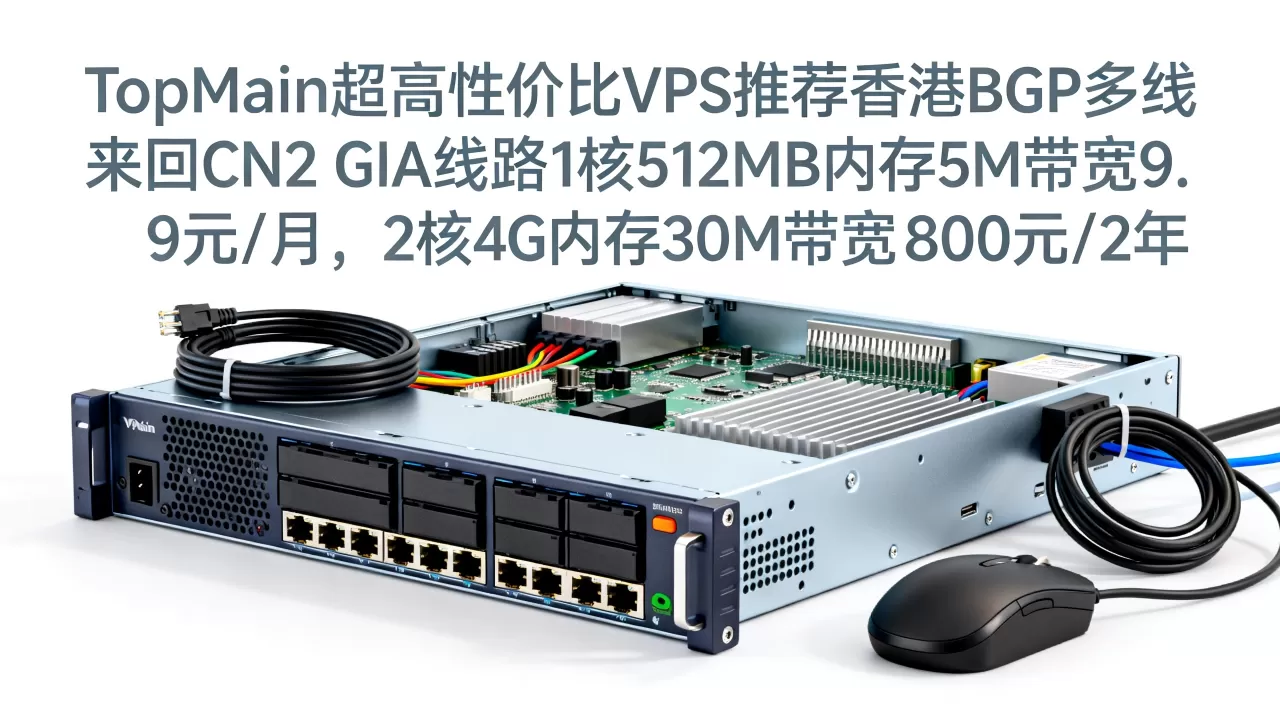 TopMain超高性价比VPS推荐香港BGP多线 来回CN2 GIA线路1核512MB内存5M带宽9.9元/月，2核4G内存30M带宽800元/2年