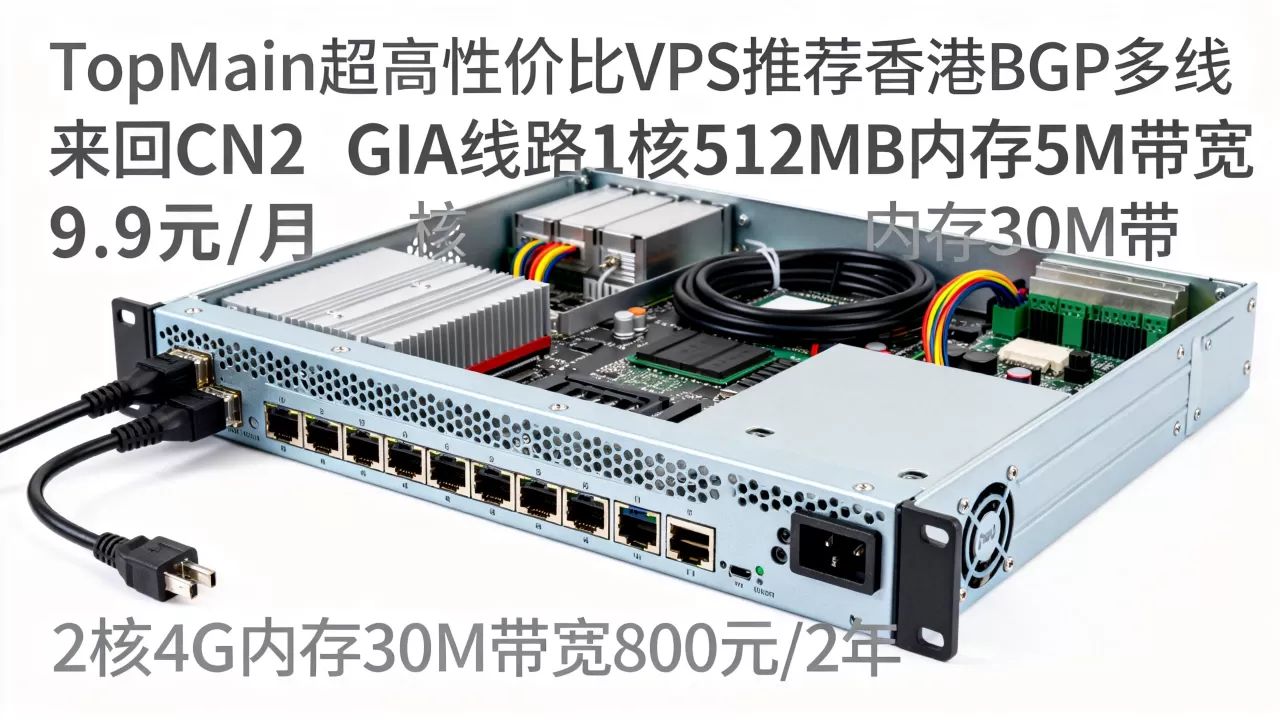 TopMain超高性价比VPS推荐香港BGP多线 来回CN2 GIA线路1核512MB内存5M带宽9.9元/月，2核4G内存30M带宽800元/2年