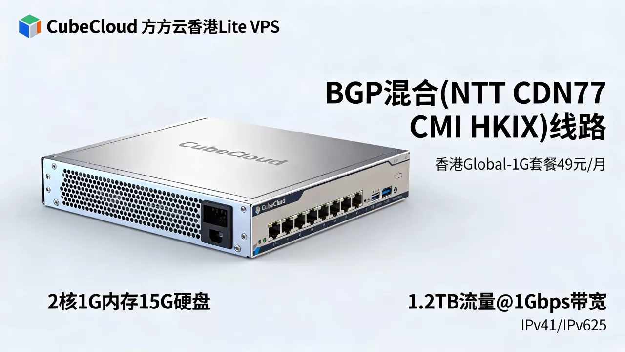 CubeCloud魔方云香港Lite VPS测评：BGP混合(NTT CDN77 CMI HKIX)线路，香港Global-1G套餐49元/月，2核1G内存15G硬盘，1.2TB流量@1Gbps带宽，IPv41/IPv625