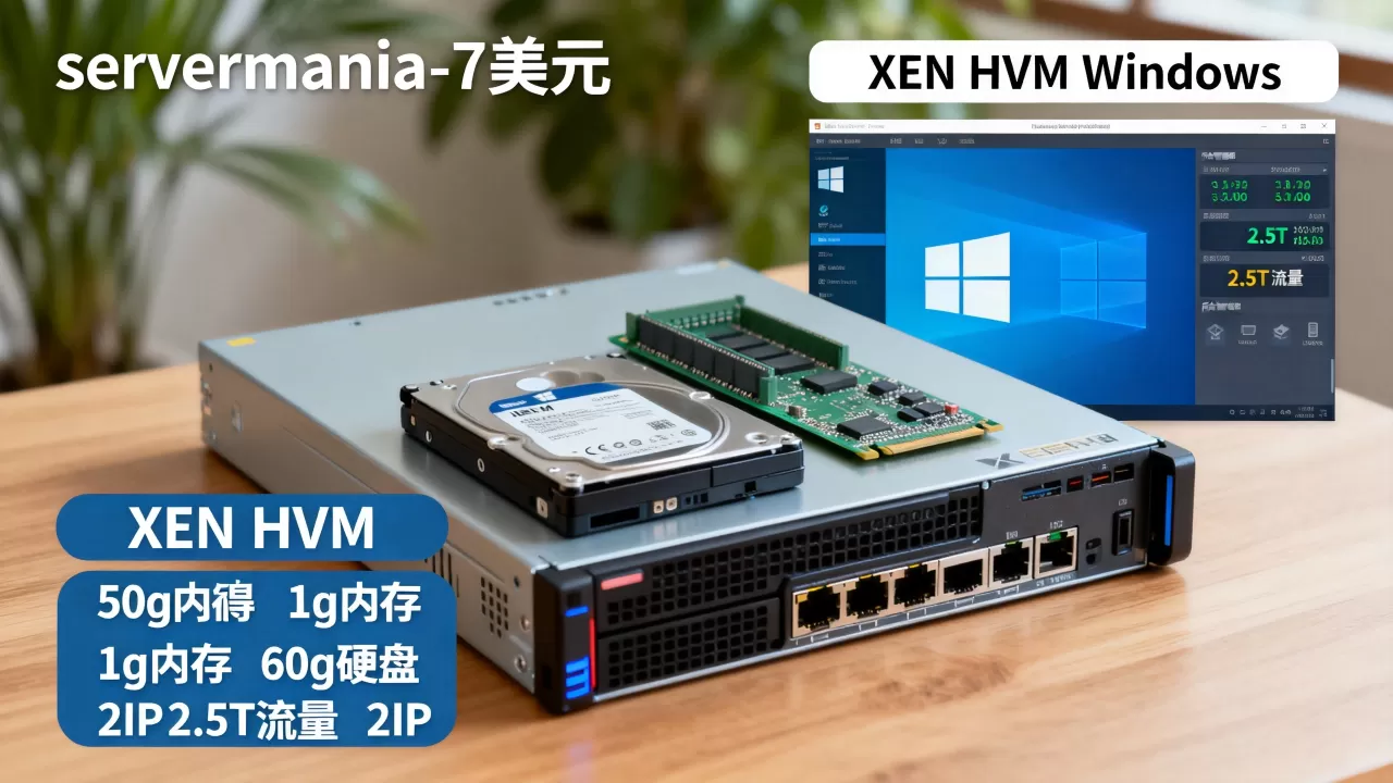 servermania-7美元/XEN HVM Windows/1g内存/60g硬盘/2.5T流量/2IP servermania-7美元/XEN HVM Windows/1g内存/60g硬盘/2.5T流量/2IP