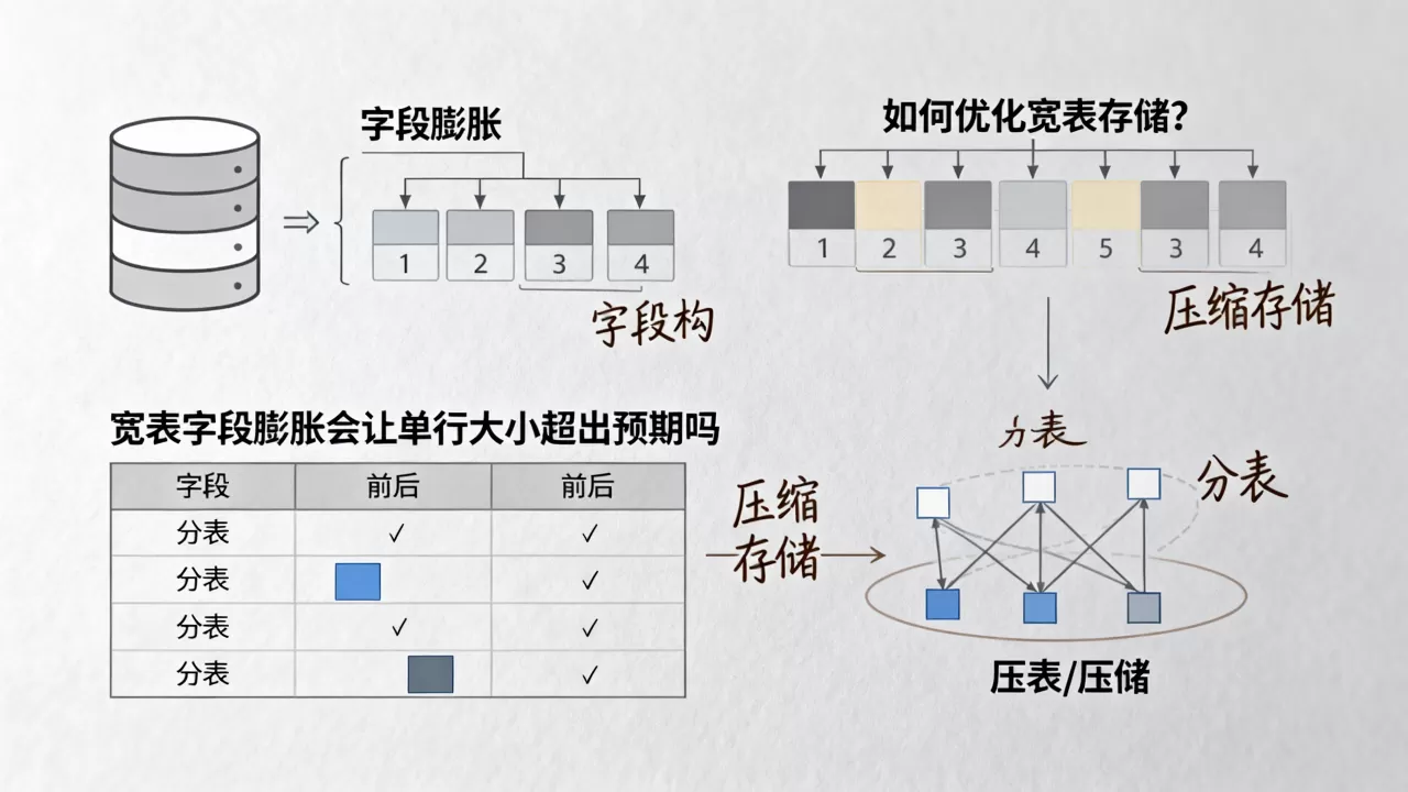 宽表字段膨胀会让单行大小超出预期吗,如何优化宽表存储? 宽表字段膨胀会让单行大小超出预期吗,如何优化宽表存储?