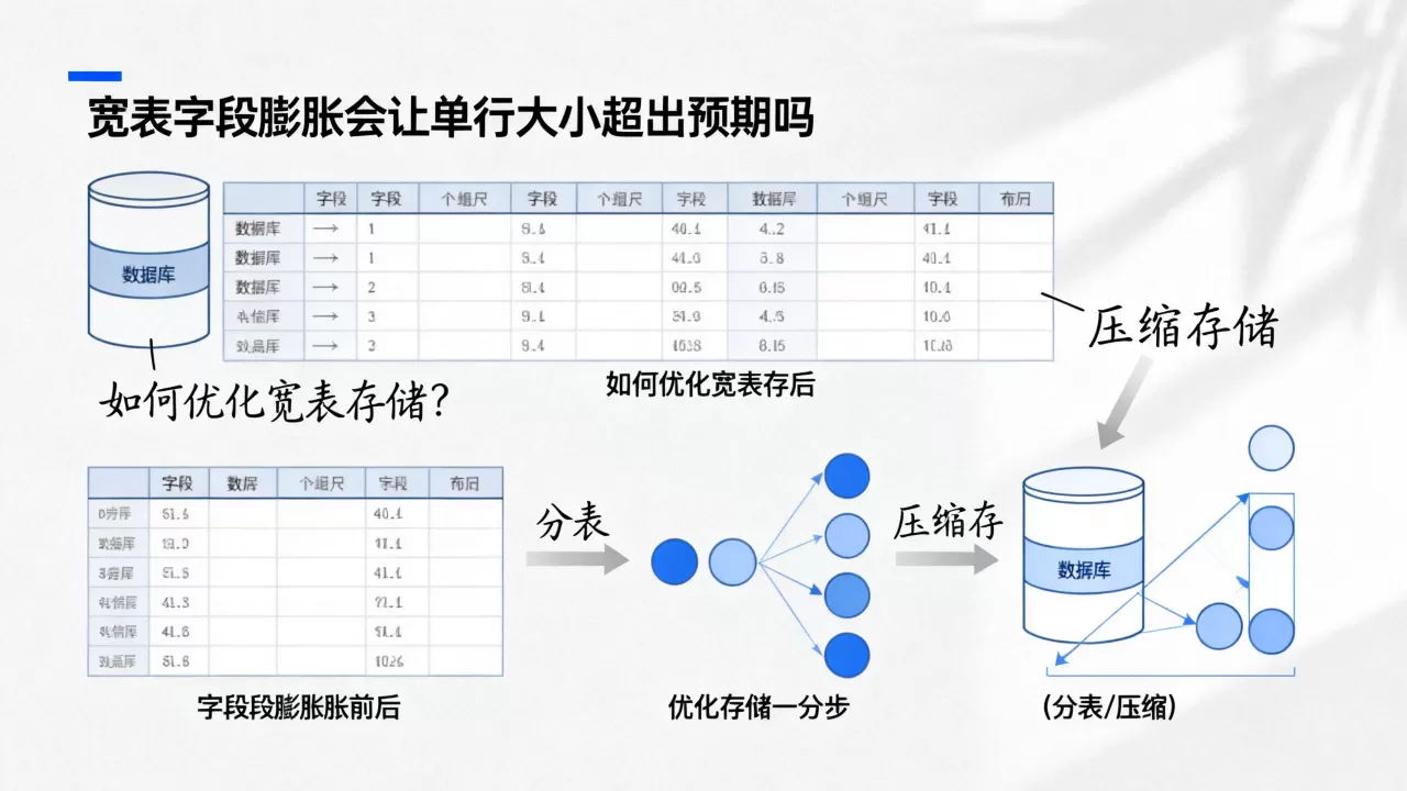宽表字段膨胀会让单行大小超出预期吗,如何优化宽表存储? 宽表字段膨胀会让单行大小超出预期吗,如何优化宽表存储?