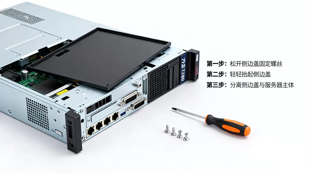 万全T280服务器侧边盖怎么拆,服务器拆机步骤图解 万全T280服务器侧边盖怎么拆,服务器拆机步骤图解